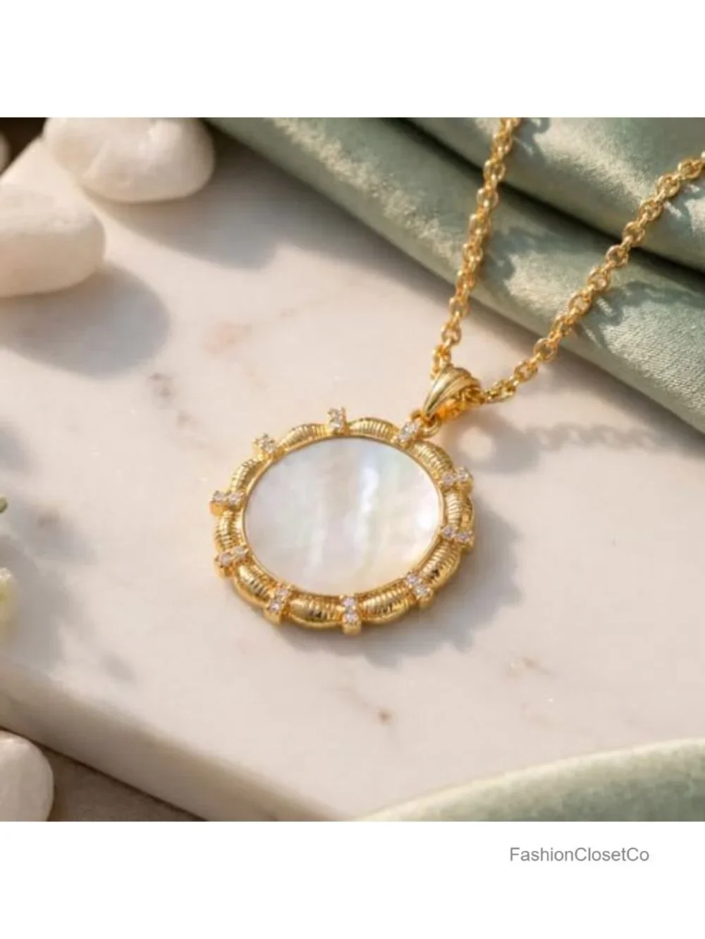 Mother of Pearl Pendant Necklace, 14K Gold Plated Brass, Floral, Sunburst